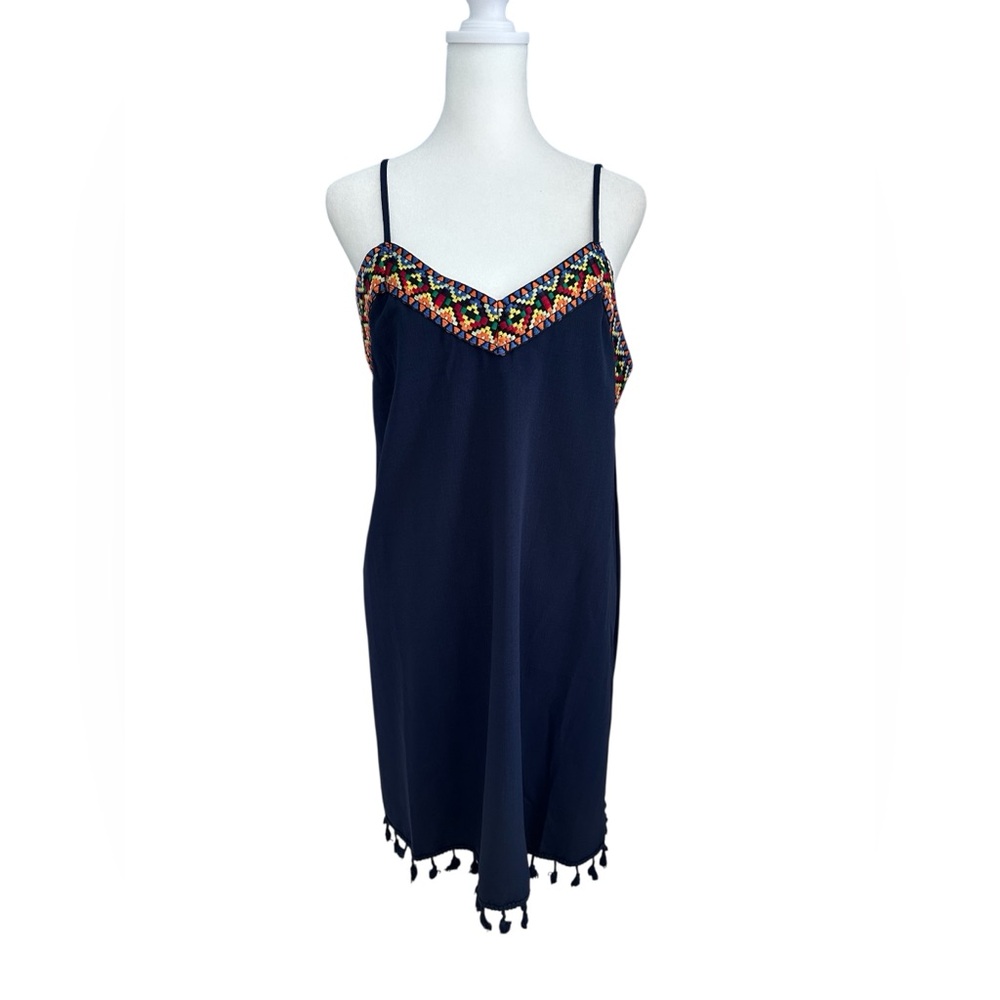 SHEIN Vacay Blue Summer Vacation Dress Embroidery & Pompom Fringe L‎